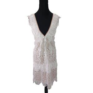 Sugar+ Lips Anthropologie Beachy White Lace Over Blush Layers Dress Sz L Large